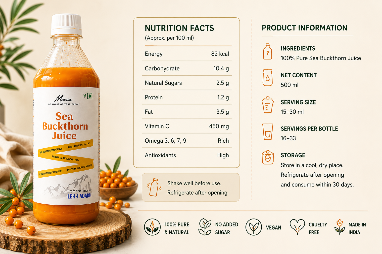 MEVVA Sea Buckthorn Juice nutrition facts and product information